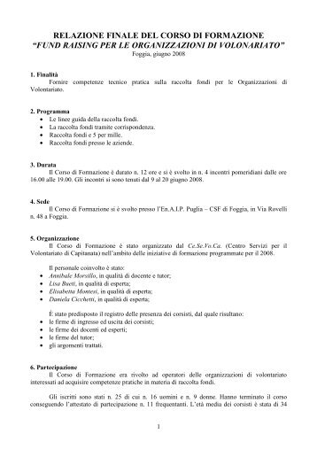 RELAZIONE FINALE DEL CORSO DI FORMAZIONE ... - Ce.Se.Vo.Ca.