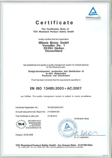 certificate according to EN ISO 13485:2003 + AC - Milenia Biotec ...