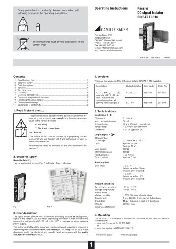 Passive DC signal isolator SINEAX TI 816 Operating Instructions