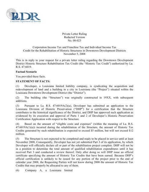 Private Letter Ruling Redacted Version No. 08-023 ... - Louisiana