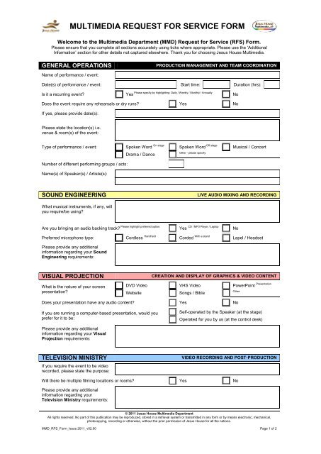 MULTIMEDIA REQUEST FOR SERVICE FORM - Jesus House