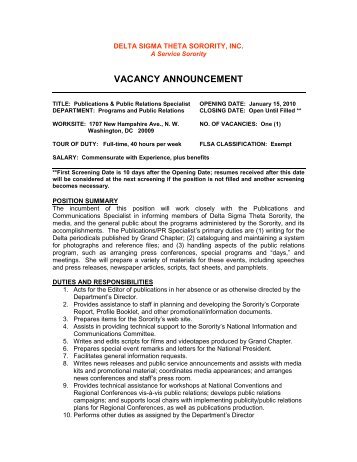 vacancy announcement - Delta Sigma Theta Sorority, Inc.
