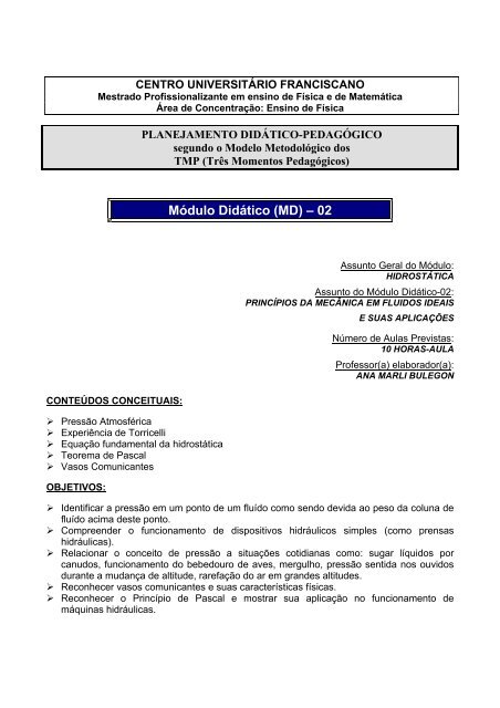 MODULO2 PrincÃ­pios da MecÃ¢nica em fluidos ideais ... - ApresentaÃ§Ã£o