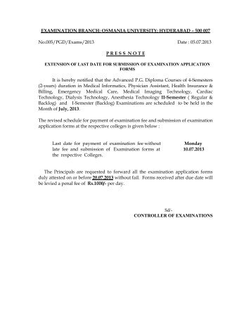 EXTENSION OF LAST DATE FOR SUBMISSION OF EXAMINATION ...