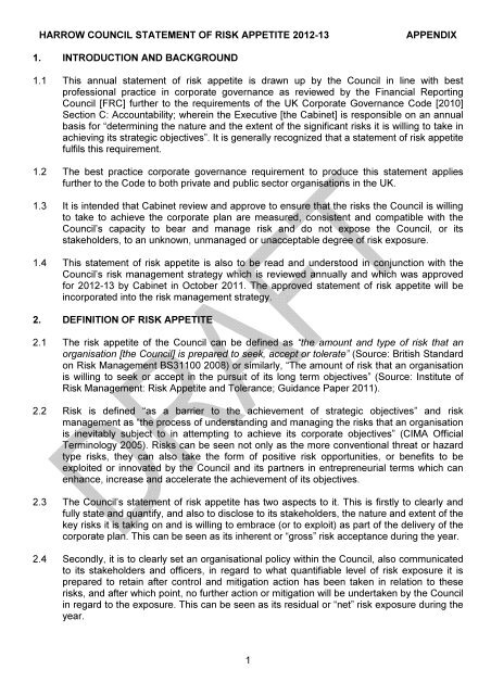 Risk Appetite Statement PDF 365 KB - Harrow Council