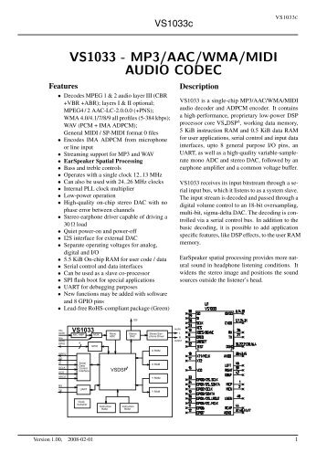 VS1033 - MP3/AAC/WMA/MIDI AUDIO CODEC - VLSI Solution