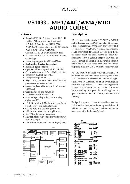 VS1033 - MP3/AAC/WMA/MIDI AUDIO CODEC - VLSI Solution