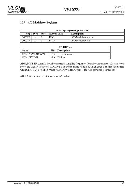 VS1033 - MP3/AAC/WMA/MIDI AUDIO CODEC - VLSI Solution