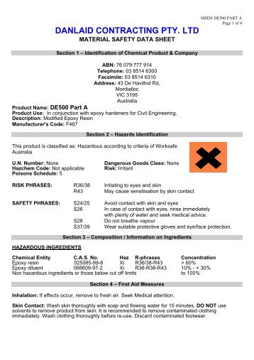 DE-500 Part A Material Safety Data Sheet - Danlaid Contracting