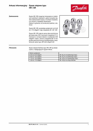 Arkusz informacyjny Dysze olejowe typu HR i SR - Danfoss