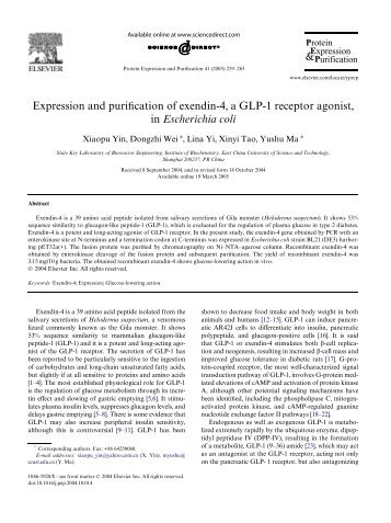 Expression and purification of exendin-4, a GLP-1 receptor agonist ...