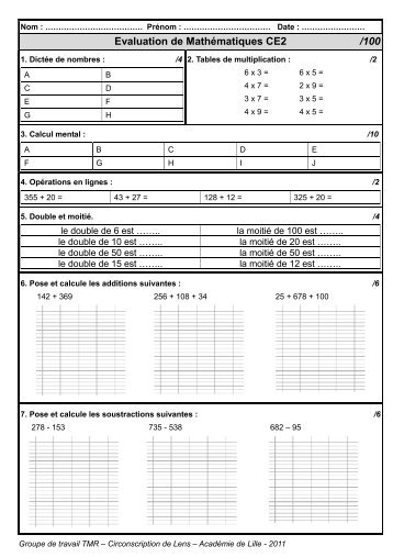 Evaluation diagnostique MathÃ©matiques CE2 - acadÃ©mie de Lille