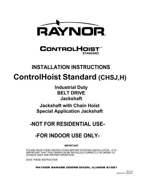 Jackshaft Installation Instructions Raynor Garage Doors