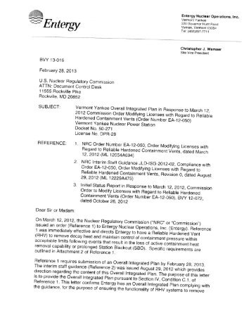 3-1-2013 Letter from VY to NRC Plan for Reliable ... - State of Vermont
