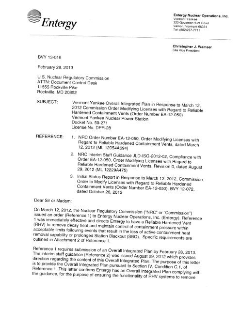 3-1-2013 Letter from VY to NRC Plan for Reliable ... - State of Vermont