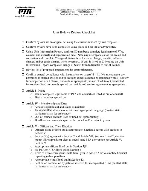 Unit Bylaws Review Checklist - The California State PTA