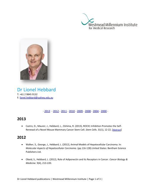 Dr Lionel Hebbard - Westmead Millennium Institute