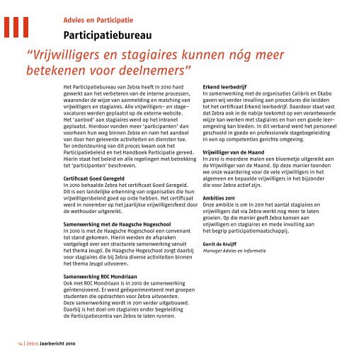 Jaarbericht 2010 Zebra Welzijn - Transvaalkwartier Den Haag