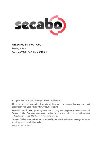 OPERATING INSTRUCTIONS for vinyl cutters Secabo C30III, C60III ...