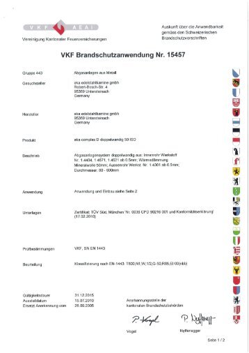 VKF Brandschutzanwendung Nr. 15457 - eka Edelstahlkamine