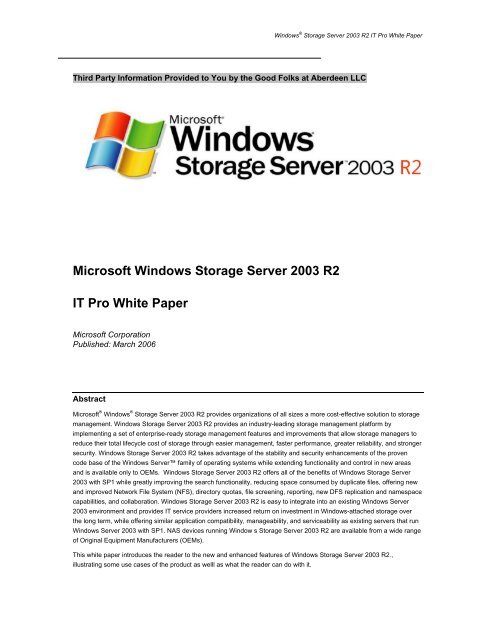 Microsoft Windows Storage Server 2003 R2 IT Pro White ... - Aberdeen