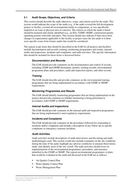 Technical Guidance Document for Environmental Audit Reports