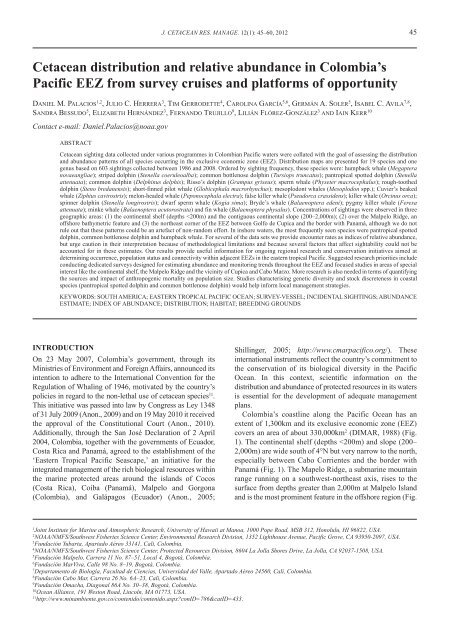 Daniel M. Palacios et al. 2012. Cetacean distribution and relative ...