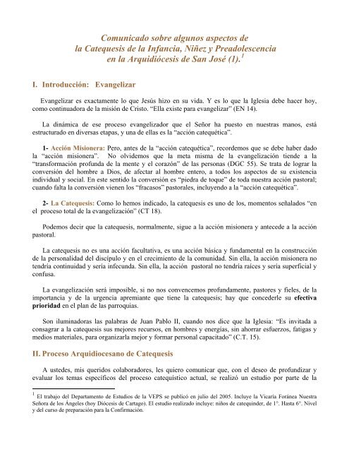 Comunicado sobre algunos aspectos de la Catequesis Comunicado sobre algunos aspectos de la Catequesis