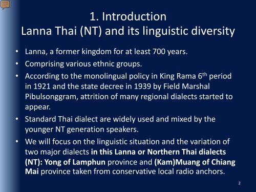 Code mixing in Lanna Thai: the mixture of Northern Thai dialects ...