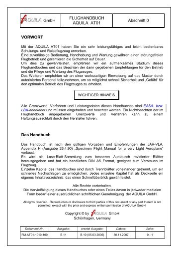 GmbH FLUGHANDBUCH AQUILA AT01 Abschnitt 0 VORWORT ...