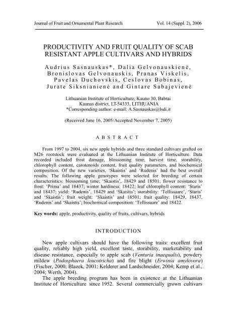 productivity and fruit quality of scab resistant apple cultivars and ...