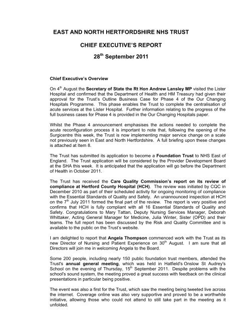 Chief executive's report - East and North Herts NHS Trust