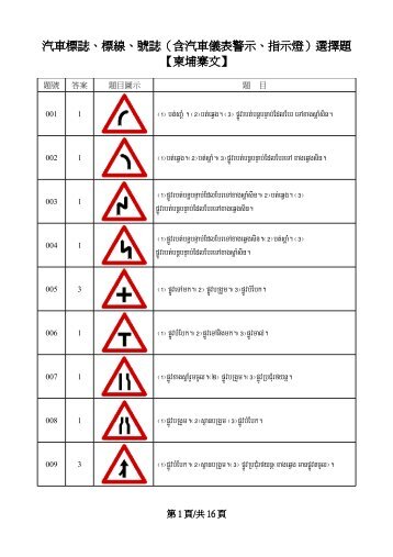 汽車標誌、標線、號誌（含汽車儀表警示、指示燈）選擇題【柬埔寨文 ...