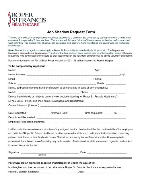 Job Shadow Request Form - Roper St. Francis Healthcare