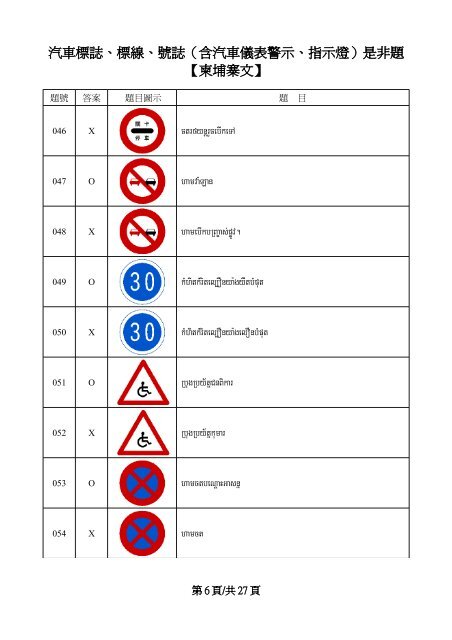 汽車標誌、標線、號誌（含汽車儀表警示、指示燈）是非題【柬埔寨文 ...