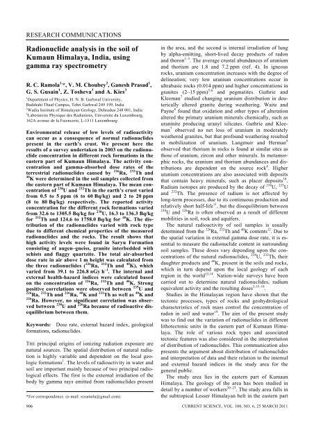 Radionuclide analysis in the soil of Kumaun ... - Current Science