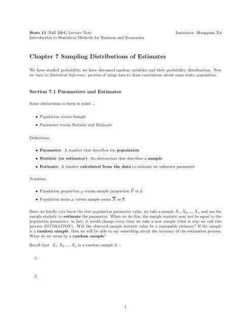 Chapter 7 Sampling Distributions of Estimates - UCLA Statistics