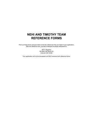 NEHI AND TIMOTHY TEAM REFERENCE FORMS - New Life Ranch