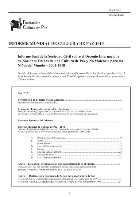 INFORME MUNDIAL DE CULTURA DE PAZ 2010 - Fundación ...