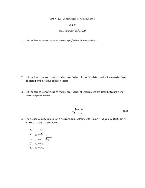 MAE 4410: Fundamentals of Astrodynamics Quiz #4 Due: February ...