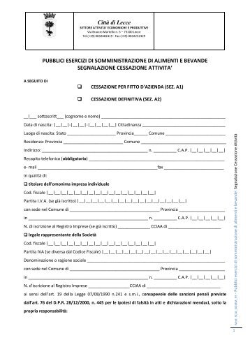 SCIA Cessazione attivitÃ  di somministrazione - Comune di Lecce