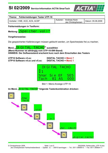 UTP-10 SI Fehlercodes - F+T Service