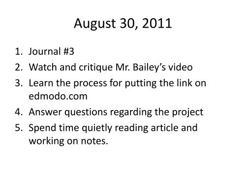 Journal #1 (9,12) - Mr. Bailey @ Hamilton Heights HS