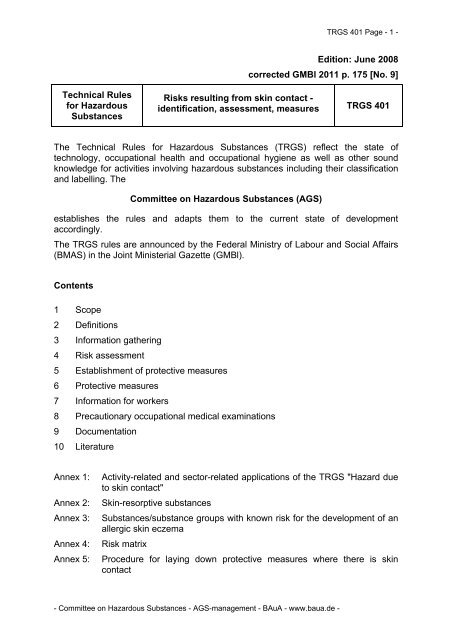TRGS 401 Risks resulting from skin contact - Bundesanstalt fÃ¼r ...