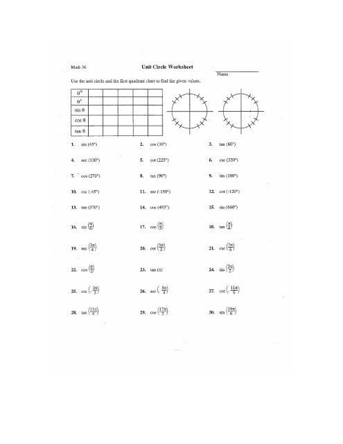 Math 36 Unit Circle Worksheet