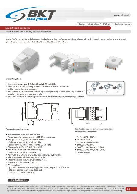 Moduł Keystone, RJ45, kat. 6, klasa E – 250 MHz ... - BKT Elektronik