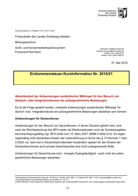 Einkommensteuer-Kurzinformation Nr. 2010/21