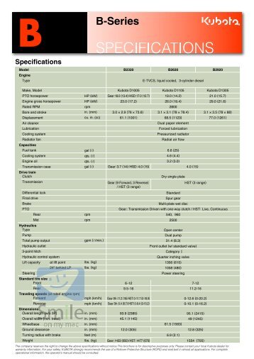 Kubota Tractor B Series Specs - Kubota Tractors