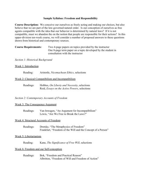 Sample Syllabus: Freedom and Responsibility Course ... - Philosophy