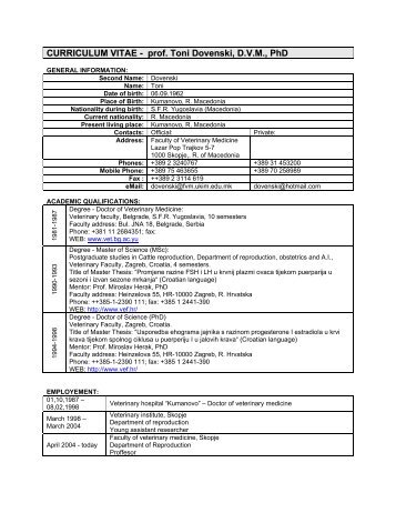 CURRICULUM VITAE - prof. Toni Dovenski, D.V.M., PhD